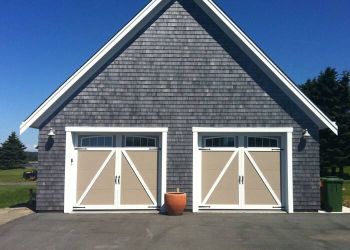 Eastman E-22, 9' x 7', Claystone doors and Ice White overlays, Arch overlay with 4 vetical lite Panoramic windows